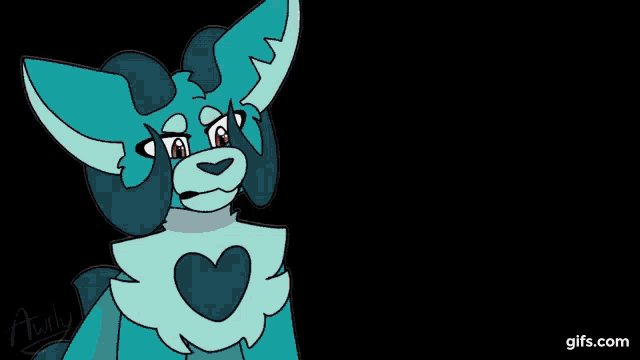 a cartoon drawing of a blue furry animal with a heart on its chest and a black background .