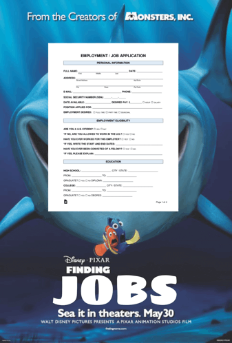 a poster for disney pixar finding jobs shows a shark on it