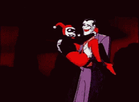 a cartoon of the joker holding harley quinn in his arms