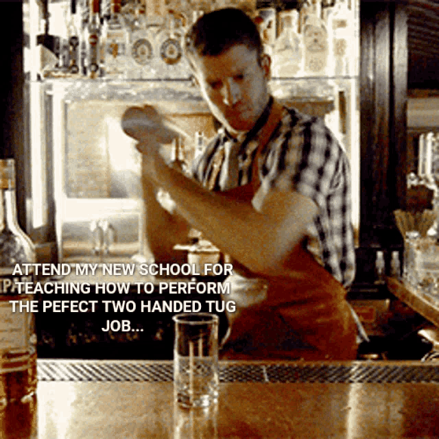 a man in an apron is shaking a drink at a bar with the caption attend my new school for