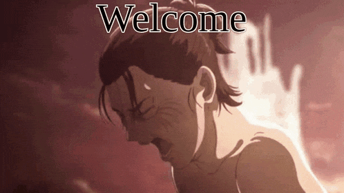 a man with a ponytail is screaming with the words welcome in the background