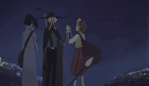 a group of cartoon characters are holding hands in a dark room