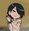 a cartoon girl with short black hair is wearing a white shirt and bracelets .