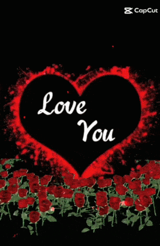 a heart with the words love you surrounded by red roses on a black background