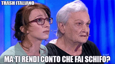 a woman wearing glasses stands next to an older woman with the words trash italiano on the bottom