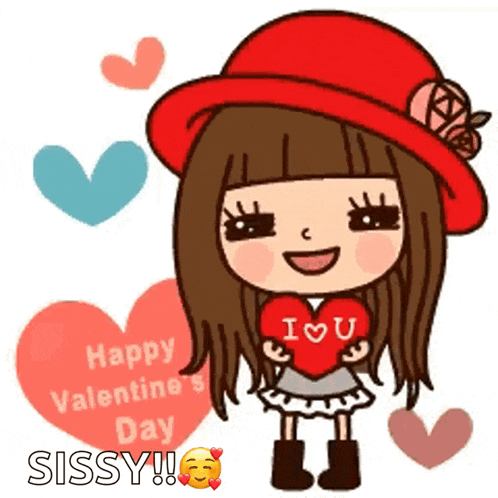 a girl in a red hat holding a heart that says i love you