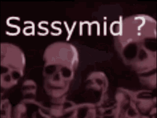 a group of skeletons are standing next to each other with the words `` sassymid '' written on the bottom .