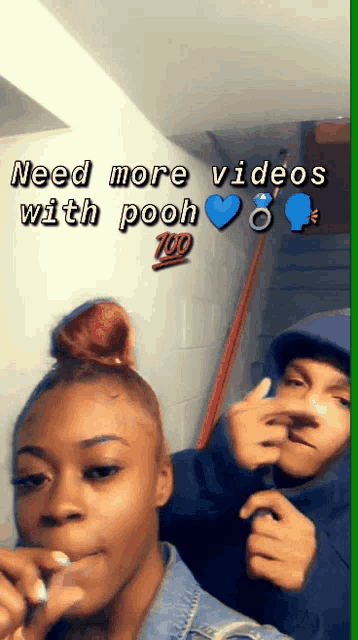 a man and a woman are standing next to each other with the caption " need more videos with pooh "