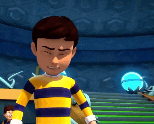 a boy in a yellow and purple striped shirt is standing in a room