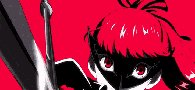 a drawing of a girl with red hair and a black mask