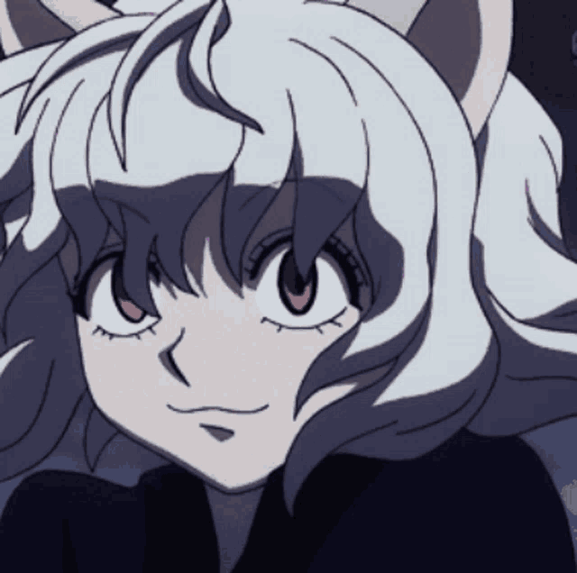 a close up of a cartoon character 's face with white hair and brown eyes