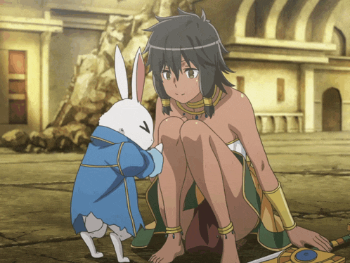 a cartoon of a girl and a rabbit with a v on its face