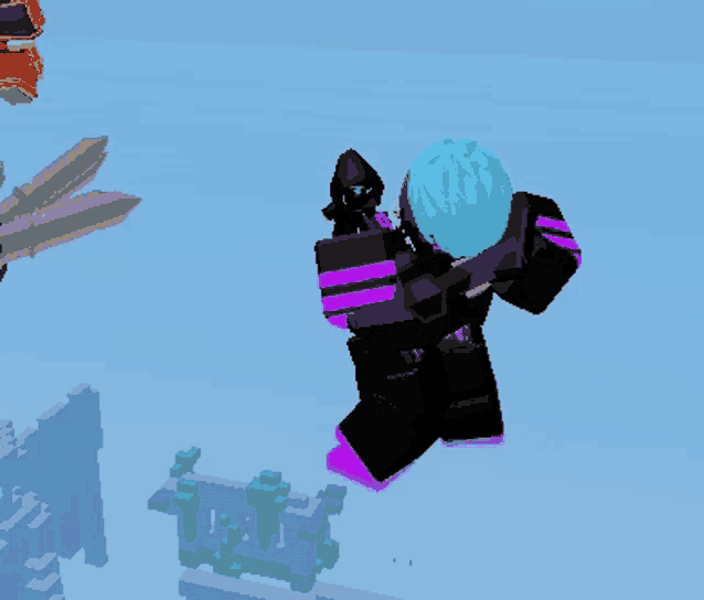 a cartoon character with purple and black stripes on his arms