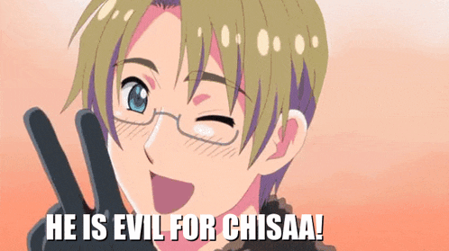 a cartoon character with the words he is evil for chisaa