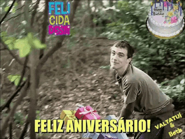 a man is holding a bunch of presents and says feliz aniversario