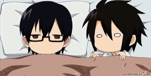 a couple of anime characters laying on a bed with nyannyan.pl on the bottom
