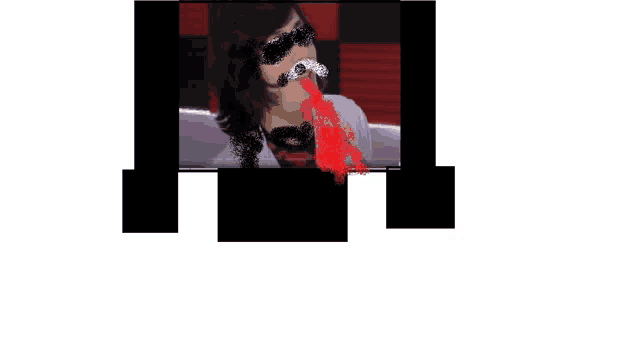 a drawing of a man with a mustache and sunglasses with blood coming out of his mouth