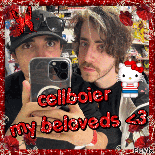 two men are taking a selfie with the words cellboier my beloveds 43