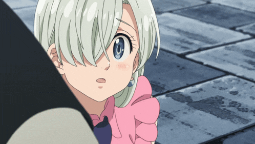 a girl with white hair and blue eyes is wearing a pink top