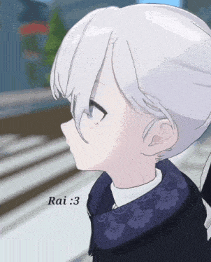 a drawing of a girl with white hair and rai : 3 written on the bottom