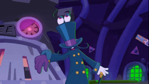 a cartoon character in a top hat stands in front of a purple machine