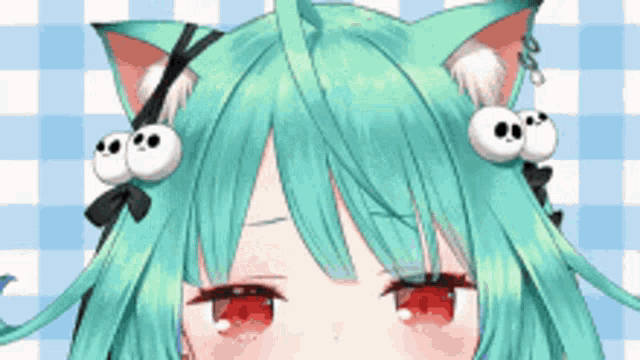 a close up of a girl with green hair and cat ears .