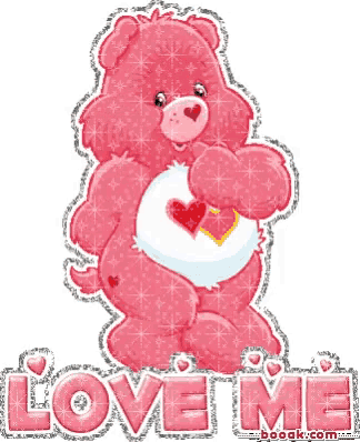 a care bear is holding a heart in his paws and says love me
