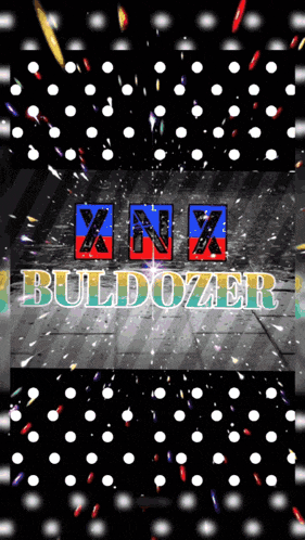 a xnx buldozer logo is surrounded by white polka dots