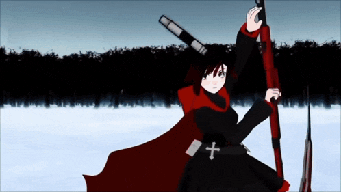 a girl in a red cape holding a sword with a cross on her belt