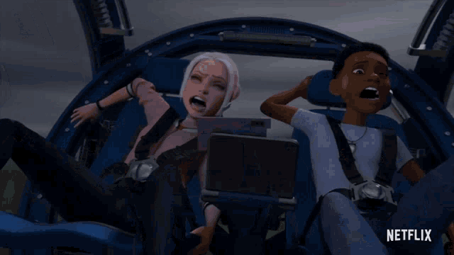 a couple of cartoon characters sitting in a car with netflix written on the bottom right