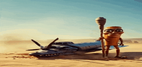 a cartoon character holding a stick in the desert