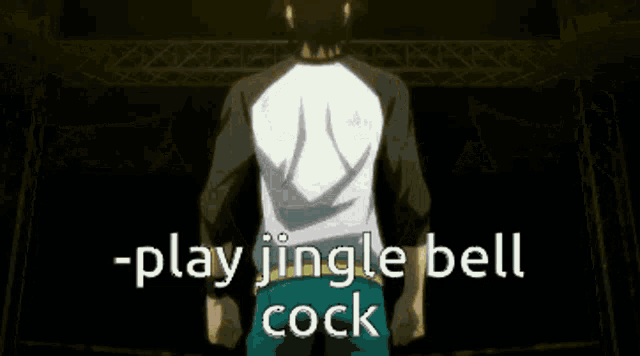 a man is standing in front of a stage and the words play jingle bell cock are on the screen