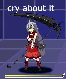 a pixel art of a girl holding a scythe and the words cry about it