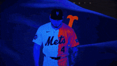 a baseball player for the new york mets is standing in front of a blue background