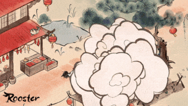 a drawing of a rooster with a large cloud in the background