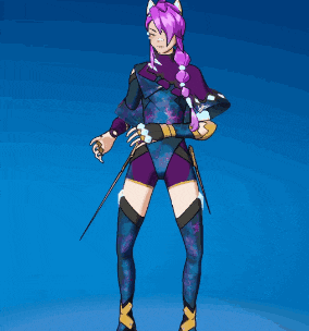 a cartoon drawing of a woman with purple hair and a sword
