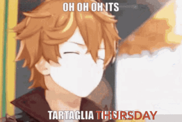 a cartoon character is wearing a mask and says oh oh oh its tartaglia this thursday .