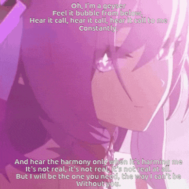 a picture of a girl with purple hair and the words oh i 'm a geyser feel it bubble from below