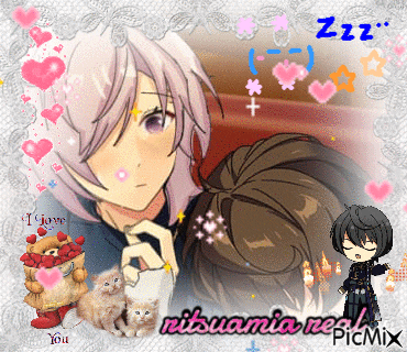 a picture of a girl and a boy with hearts and the words " zzz " on the bottom