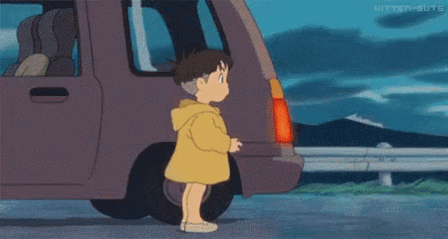 a boy and a girl are standing next to a car in a cartoon .