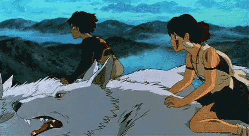a man and a woman riding on the back of a wolf