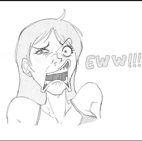 a black and white drawing of a woman with the word eww written on the bottom