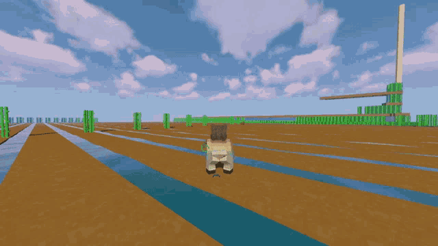 a screenshot of a video game shows a sheep running across a field