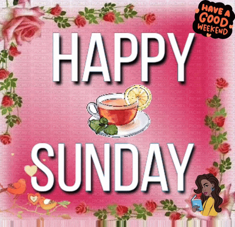 a happy sunday greeting card with a cup of tea on a saucer