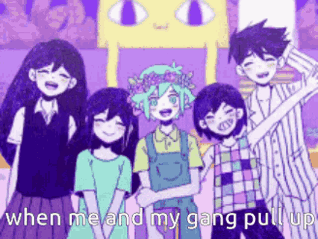 a group of anime characters are posing for a picture and the caption says when me and my gang pull up