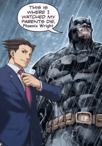 phoenix wright is standing next to batman in a comic