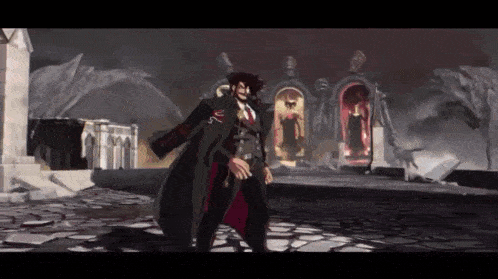 a man in a black coat and tie is standing in front of a building in a video game .