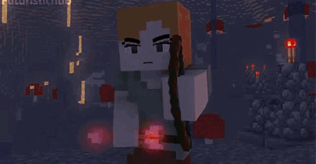a minecraft character is standing in a dark cave with a red light coming out of her mouth .