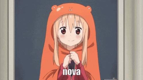 a girl in a bear hat is standing in front of a door and says nova .