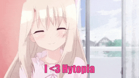 a cute anime girl is smiling in front of a window and says i < 3 hytopia .